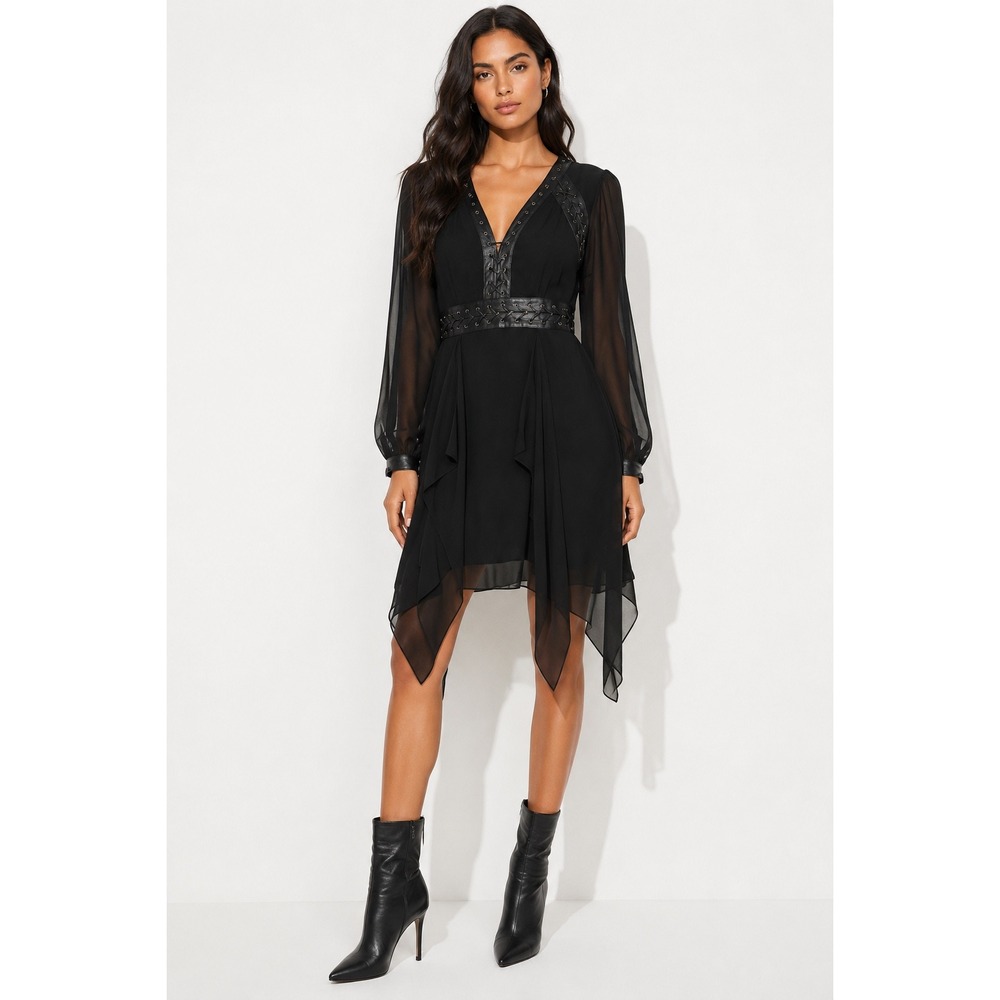 BCBGMAXAZRIA Andela Black Lace-Up Handkerchief Dress Sheer Size 0 XS
